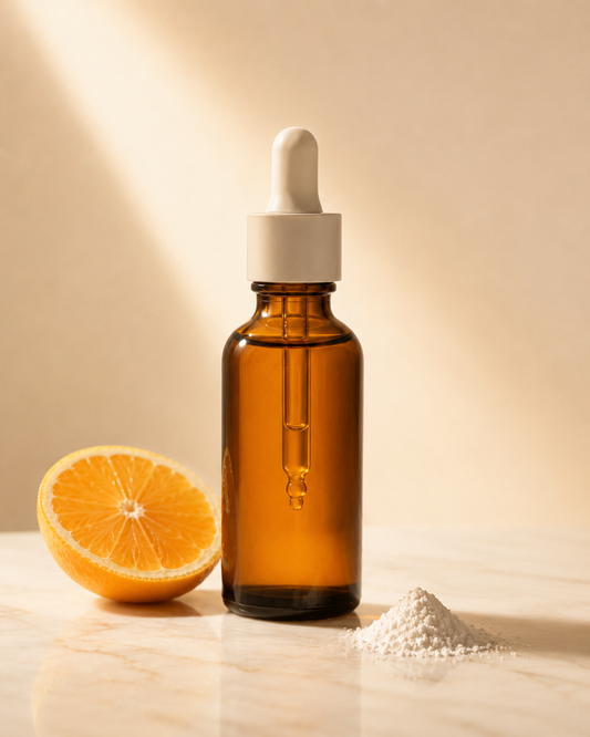 LuminEssence serum bottle on marble