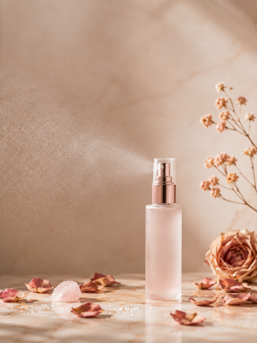 AuraGlow™ face mist lifestyle flat lay with rose petals