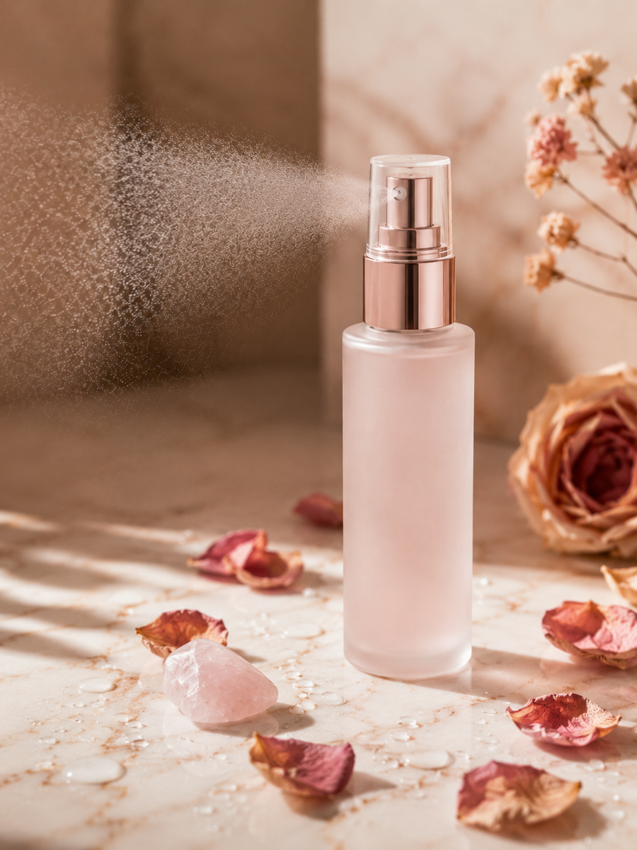 AuraGlow™ face mist mid-spray on clear skin