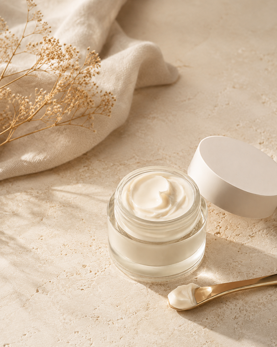HydraVeil™ cream jar lifestyle flat lay