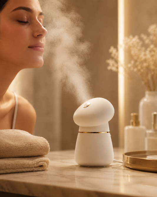 SteamRitual™ steamer in use — woman receiving nano steam