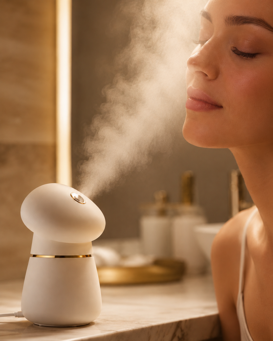 SteamRitual™ steamer on bathroom shelf lifestyle